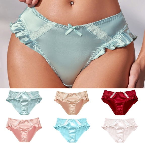 felwors Women's Satin Silk Lace Hipster Panties Luxury Low Waist Cute Bikini Frilly Lace Trim Underwear(Light Blue, M)