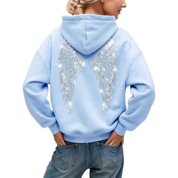 felwors Women's Sequin Angel Wing Graphic Oversized Pullover Hoodie Fleece Sparkly Sweatshirt Light Blue for Size XS