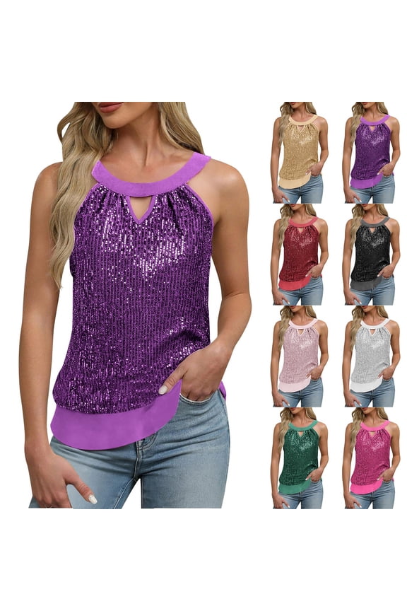 Women's Sequin Halter Neck Tank Top Shiny Sleeveless Blouse with Cut-Out Detail in Solid Colors(Pink, XL)