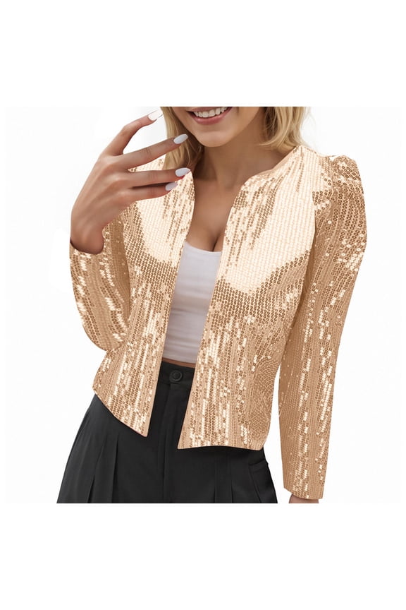 Women's Sequin Open Front Cropped Jacket - Sparkly Party Blazer Long Sleeve Glam Outerwear Beige, S