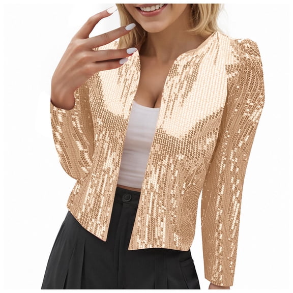 felwors Women's Sequin Open Front Cropped Jacket - Sparkly Party Blazer Long Sleeve Glam Outerwear Beige, S