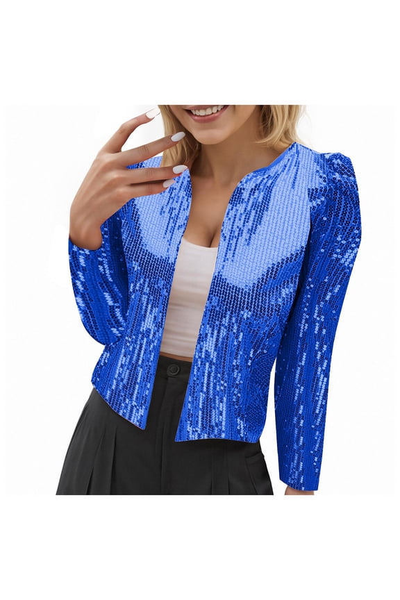 Women's Sequin Open Front Cropped Jacket - Sparkly Party Blazer Long Sleeve Glam Outerwear Blue, L