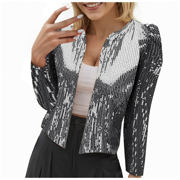 felwors Women's Sequin Open Front Cropped Jacket - Sparkly Party Blazer Long Sleeve Glam Outerwear Grey, S