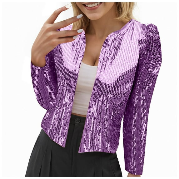 felwors Women's Sequin Open Front Cropped Jacket - Sparkly Party Blazer Long Sleeve Glam Outerwear Purple, XL