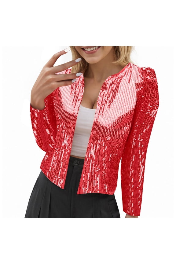 Women's Sequin Open Front Cropped Jacket - Sparkly Party Blazer Long Sleeve Glam Outerwear Red, M