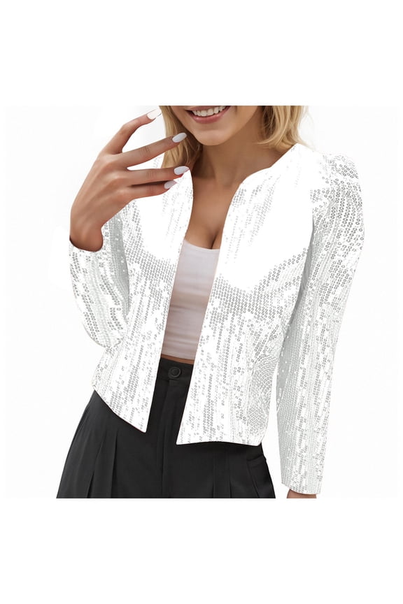 Women's Sequin Open Front Cropped Jacket - Sparkly Party Blazer Long Sleeve Glam Outerwear White, XL