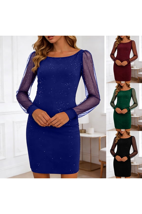 Women's Sequin Sheer Sleeve Bodycon Dress – Elegant Black Mini Cocktail Dress for Party, Wedding Guest, Date Night & Evening Wear（Black， XXL）