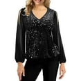 thumbnail image 1 of felwors Women's Sequin Tops Sheer Long Sleeve Glitter Sparkly Party Blouse Velvet V-Neck Dressy Tops for Evening Party Black, XL, 1 of 7