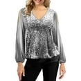 thumbnail image 1 of felwors Women's Sequin Tops Sheer Long Sleeve Glitter Sparkly Party Blouse Velvet V-Neck Dressy Tops for Evening Party Grey, M, 1 of 7
