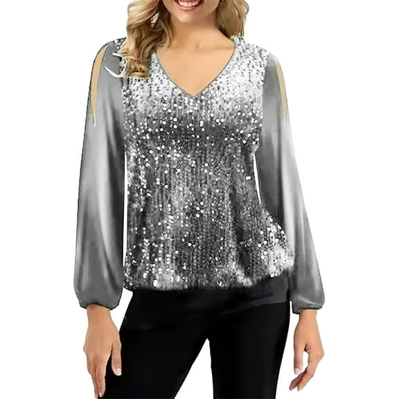 felwors Women's Sequin Tops Sheer Long Sleeve Glitter Sparkly Party Blouse Velvet V-Neck Dressy Tops for Evening Party Grey, M