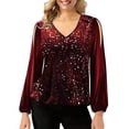 thumbnail image 1 of felwors Women's Sequin Tops Sheer Long Sleeve Glitter Sparkly Party Blouse Velvet V-Neck Dressy Tops for Evening Party Red, M, 1 of 7