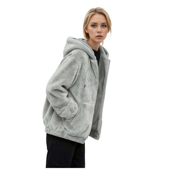 felwors Women's Sherpa Fleece Jacket - Warm Zip-Up Hooded Winter Coat with Pockets, Fuzzy Fashion Sweatshirt Jacket for Cold Weather Grey, L