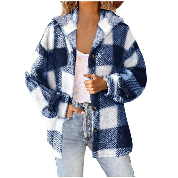 felwors Women's Sherpa Hooded Cardigan Fall Winter Fuzzy Fleece Jacket Warm Soft Plaid Flannels sweater coat Outwear Blue, XXL