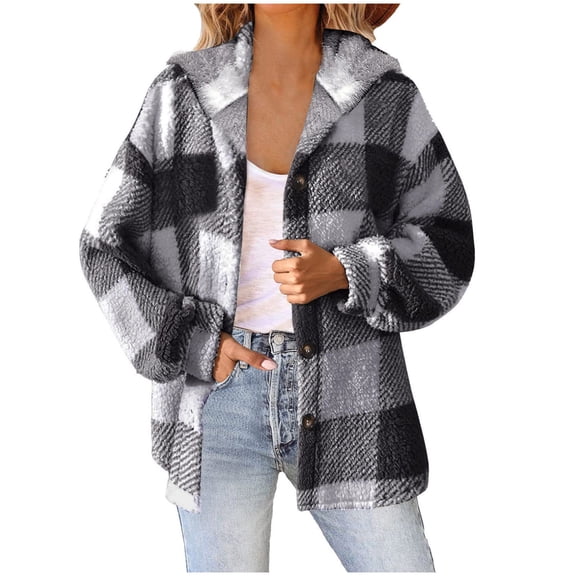 felwors Women's Sherpa Hooded Cardigan Fall Winter Fuzzy Fleece Jacket Warm Soft Plaid Flannels sweater coat Outwear Grey, XXL