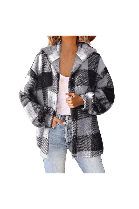 Women's Sherpa Hooded Cardigan Fall Winter Fuzzy Fleece Jacket Warm Soft Plaid Flannels sweater coat Outwear Grey, XXL