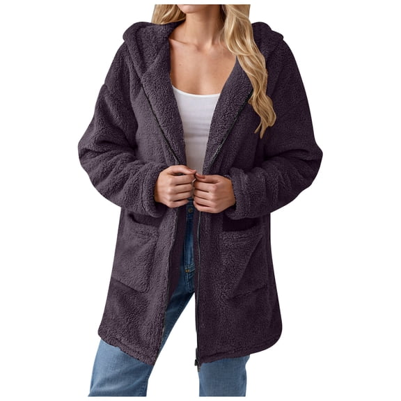 felwors Women's Sherpa Hooded Jacket - Fuzzy Fleece Zip Up Coat with Pockets, Casual Warm Outerwear for Winter Light Purple, S
