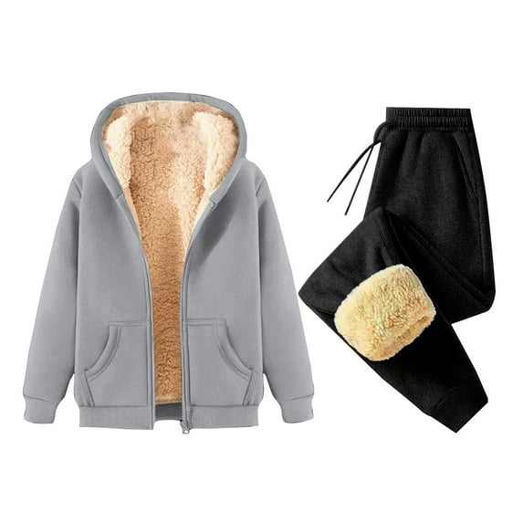 felwors Women's Sherpa Lined Tracksuit Set Zip-Up Hoodie Jacket & Fleece Jogger Pants for Winter Casual & Loungewear Light Gray, XL