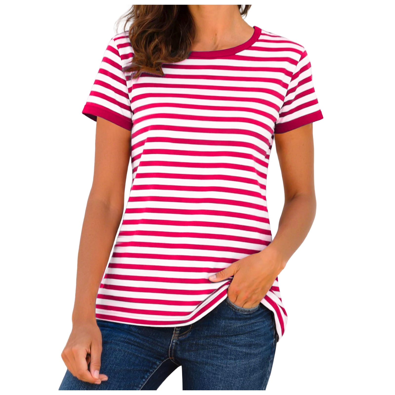 Women's Summer Tops – Casual Short Sleeve Knitted Shirt, Striped Color Block Design, Crewneck, Loose Fit, Trendy For Going Out - View #3