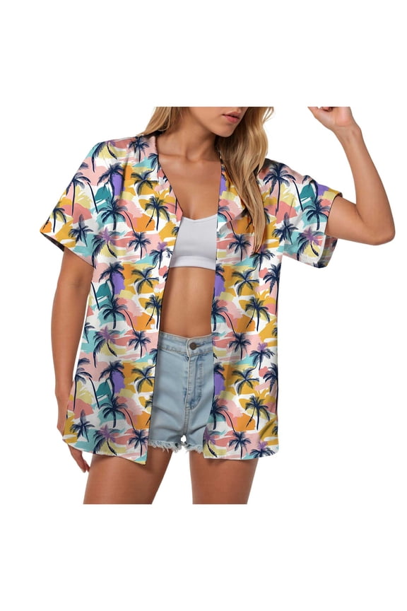 felwors Women's Short Sleeve Tropical Palm Tree Print Button Up Shirt Casual Summer Top (Purple, S)