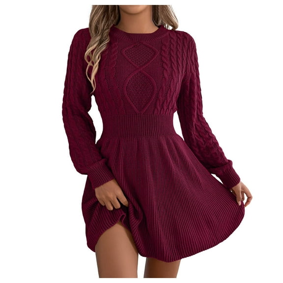 felwors Women's Short Sweater Dress, Cinched Waist Long Sleeve Crewneck Cable Knit Dresses, Fall Winter Casual Outfits Wine, M