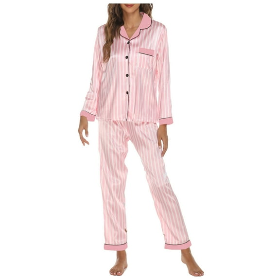 felwors Women's Silk Pajama Set 2-piece Satin Striped Pjs Soft Button Pajama Wide Leg Pants with Pocket Pink, L