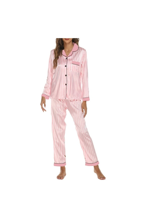 Women's Silk Pajama Set 2-piece Satin Striped Pjs Soft Button Pajama Wide Leg Pants with Pocket Pink, L