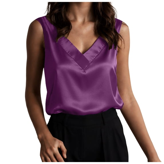 felwors Women's Silk Satin Tank Tops V Neck Casual Camisoles Sleeveless Business Work Blouses Dressy Summer Shirts(Purple, XL)