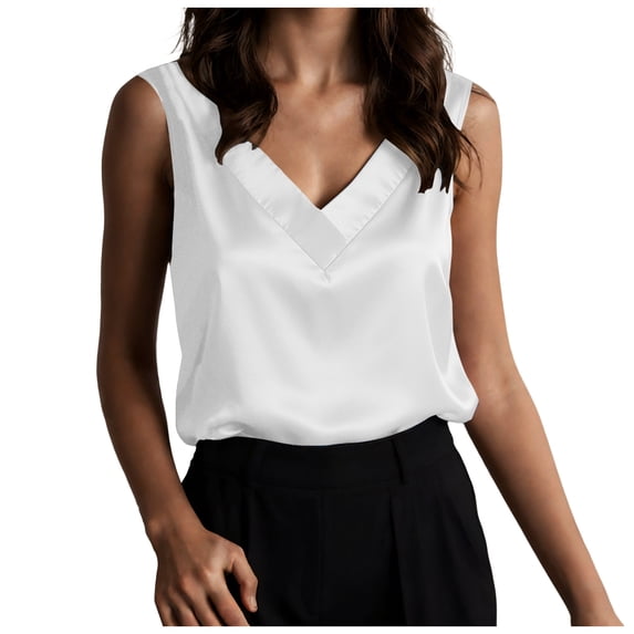 felwors Women's Silk Satin Tank Tops V Neck Casual Camisoles Sleeveless Business Work Blouses Dressy Summer Shirts(White, M)
