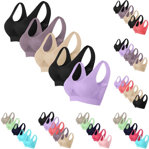 felwors Women's Soft Push Up Wireless Sports Bra - Breathable Daily Large Size 5PC Multipack(Purple, XL)