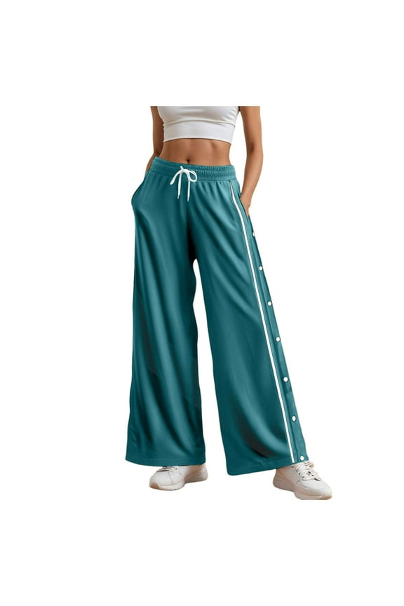 Women's Split Snap Button Sweatpants High Elastic Waist Straight Leg Loose Pants Joggers Athletic Trousers Green, XXL