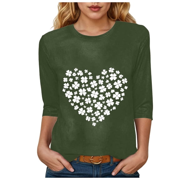 felwors Women's St Patricks Day Shirts Lucky Shamrock Clover Irish Tee Shirt Crewneck 3/4 Sleeve Holiday St Pattys Tops (Army Green, XL)