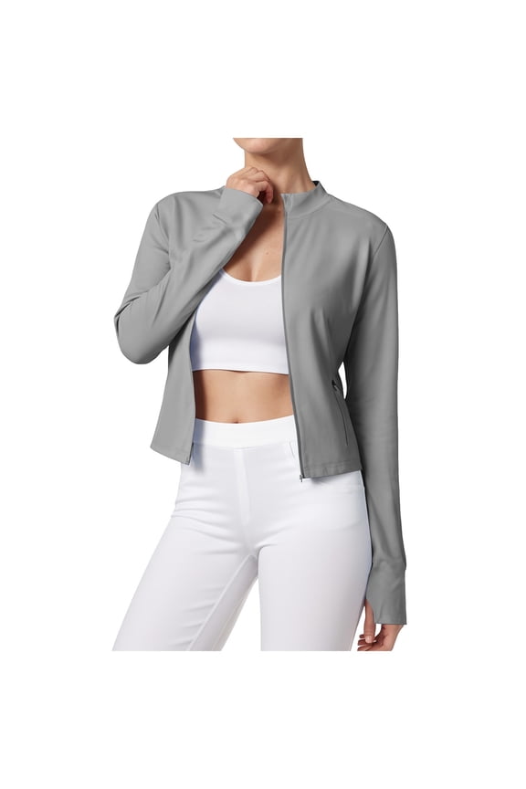 Women's Stand-Up Collar Stretchy Slim-Fit Yoga Jacket - Long-Sleeved with Thumbholes, Zippered for Sports, Running & Fitness Grey, XL