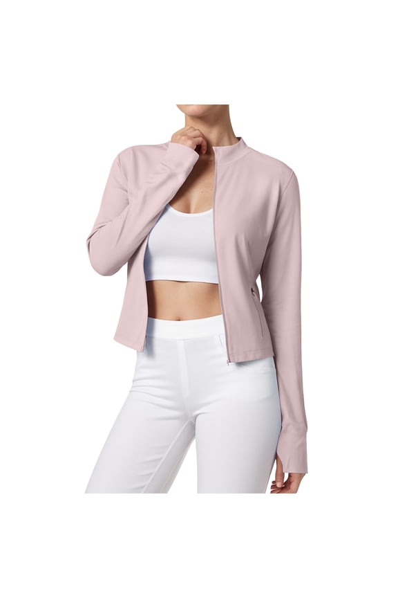 Women's Stand-Up Collar Stretchy Slim-Fit Yoga Jacket - Long-Sleeved with Thumbholes, Zippered for Sports, Running & Fitness Pink, L