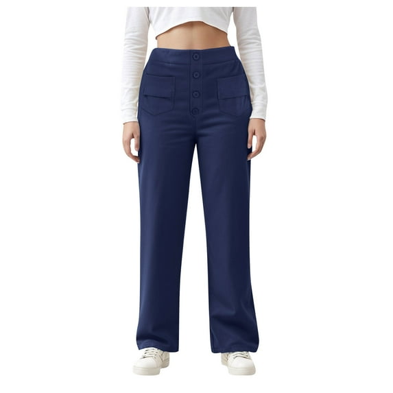 felwors Women's Straight Leg Pants High Waisted Button Stretchy Business Work Casual Trousers Multiple Pockets Blue, XXXXL