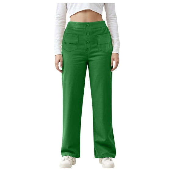 felwors Women's Straight Leg Pants High Waisted Button Stretchy Business Work Casual Trousers Multiple Pockets GN1, L