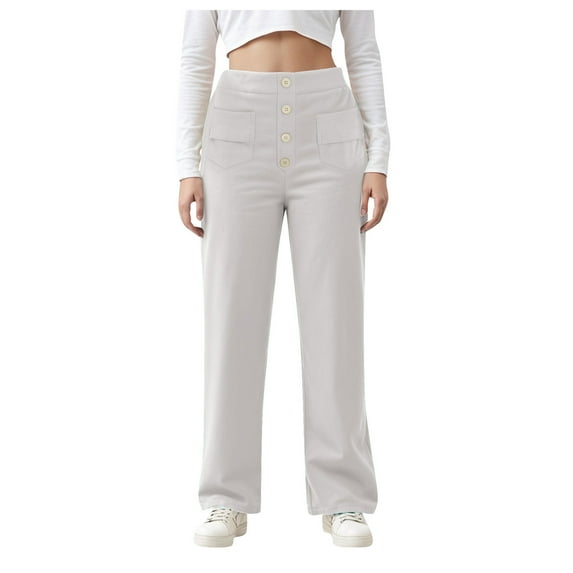 felwors Women's Straight Leg Pants High Waisted Button Stretchy Business Work Casual Trousers Multiple Pockets Grey, L