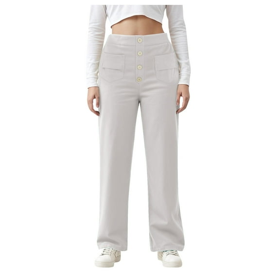 felwors Women's Straight Leg Pants High Waisted Button Stretchy Business Work Casual Trousers Multiple Pockets Grey, M