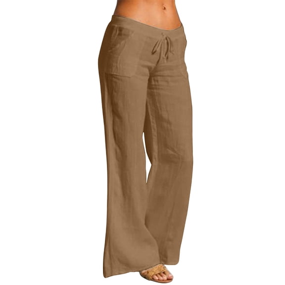 felwors Women's Straight Pants Elastic Waist Casual Trousers Pants with Pockets Khaki, XL