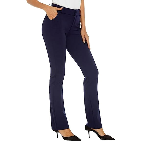 felwors Women's Stretchy Straight Leg Dress Work Pants Business Office Casual Slacks with Pockets Blue, L