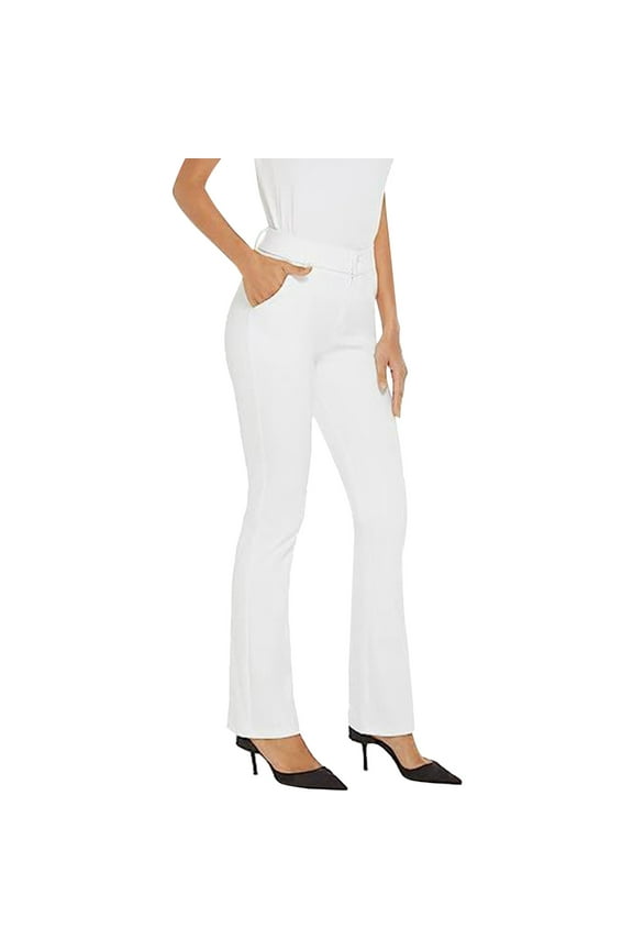 Women's Stretchy Straight Leg Dress Work Pants Business Office Casual Slacks with Pockets White, L