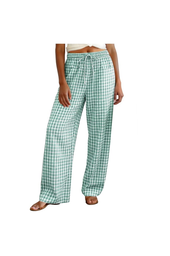 Women's Striped Gingham Pants Cotton Plaid Pajama Lounge Boxer Pants Drawstring Pj Bottoms Wide Leg Trousers with Pocket (Green, L)