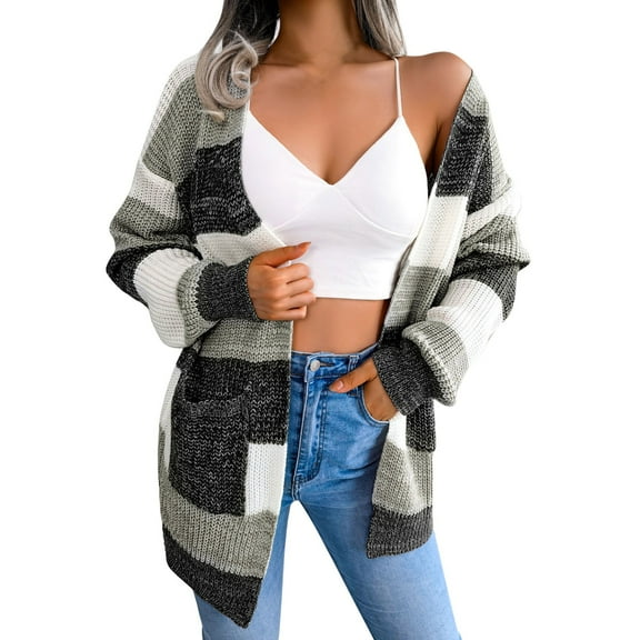 felwors Women's Striped Long Sleeve Open Front Knit Cardigan Casual Pullover Sweater Black, M