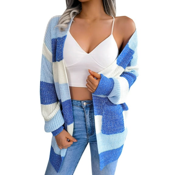 felwors Women's Striped Long Sleeve Open Front Knit Cardigan Casual Pullover Sweater Blue, M