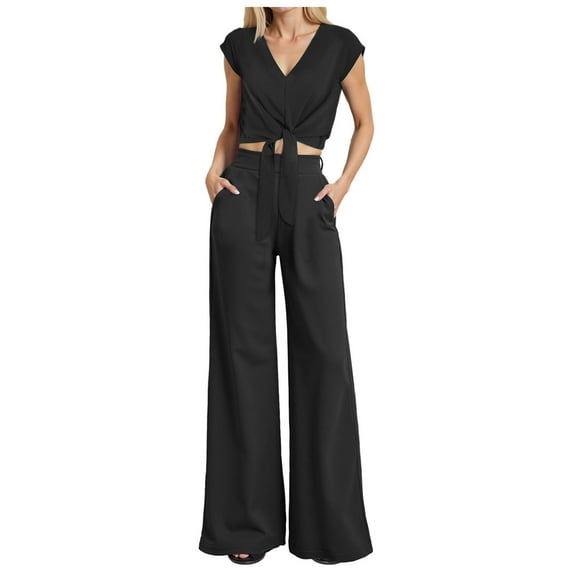 felwors Women's Summer 2 Piece Outfits 2025 Cap Sleeve V Neck Belted Crop Tops Wide Leg Pant Sets Casual Tracksuit Black, L