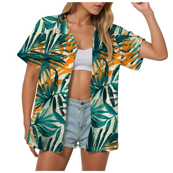 felwors Women's Summer Hawaiian Shirts Floral Short Sleeve Button Down Shirts Hawaii Tropical Beach Tops Outfits Dark Green, XL