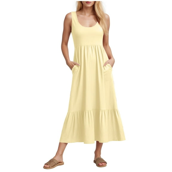 felwors Women's Summer Sleeveless Maxi Sundress Swing Casual Flowy Tiered Shirts Dress Beach Travel Vacation Outfits Beige, S
