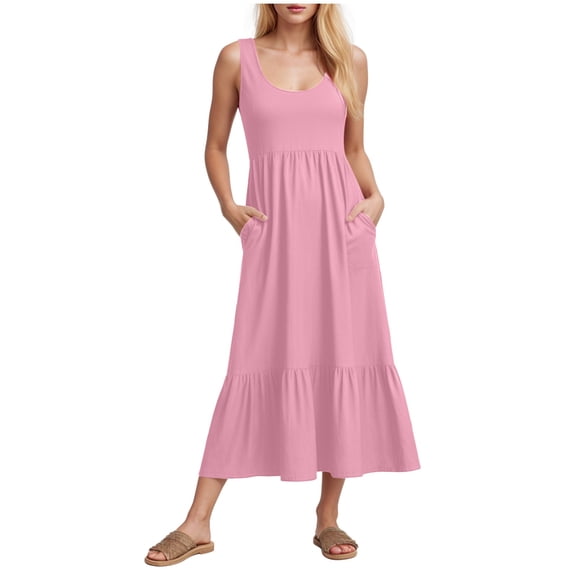 felwors Women's Summer Sleeveless Maxi Sundress Swing Casual Flowy Tiered Shirts Dress Beach Travel Vacation Outfits Pink, S