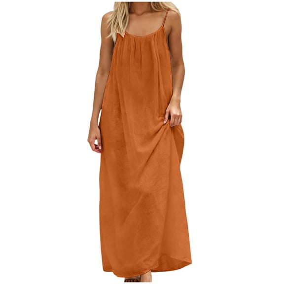 felwors Women's Summer Spaghetti Straps Sundress 2026 Casual Sleeveless Floral Lace Eyelet Boho Beach Maxi Dress (Orange, M)