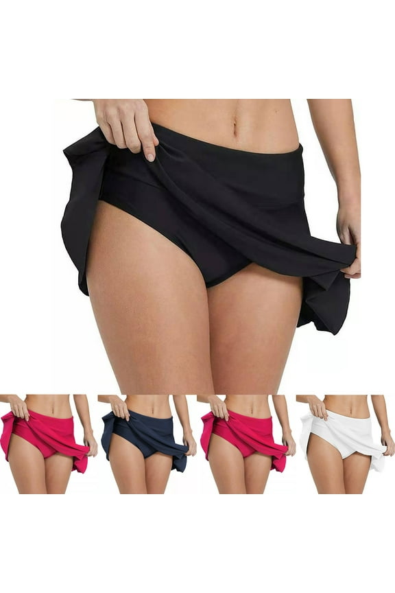 Women's Swim Skirt Ruffle Trim High Waisted Lightweight Bathing Suit Bottoms Breathable Full Coverage Swim Bottoms (Red, L)