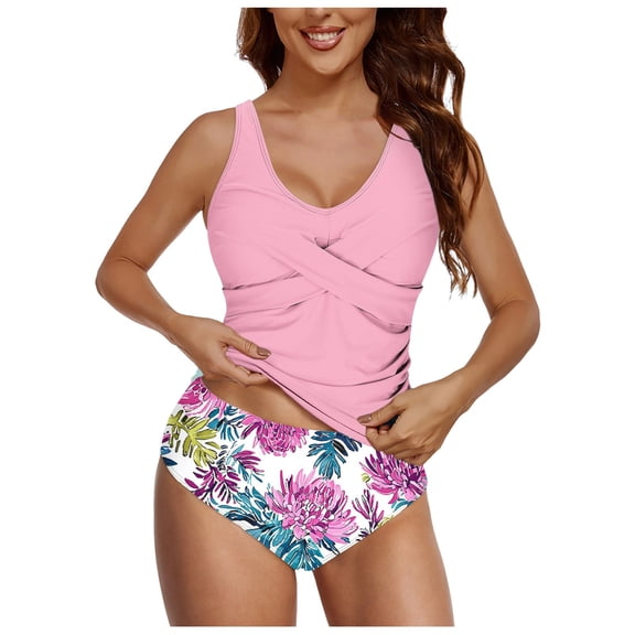 felwors Women's Tankini Swimsuits Two Piece Ruched Tummy Control Bathing Suits with High Waisted Bottom Modest Swimwear(Light Pink, S)